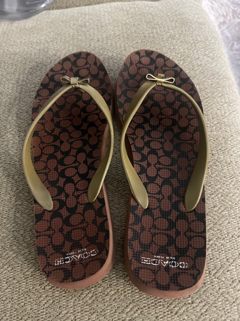Coach Brown Signature Flip-Flop Sandals with Gold Straps